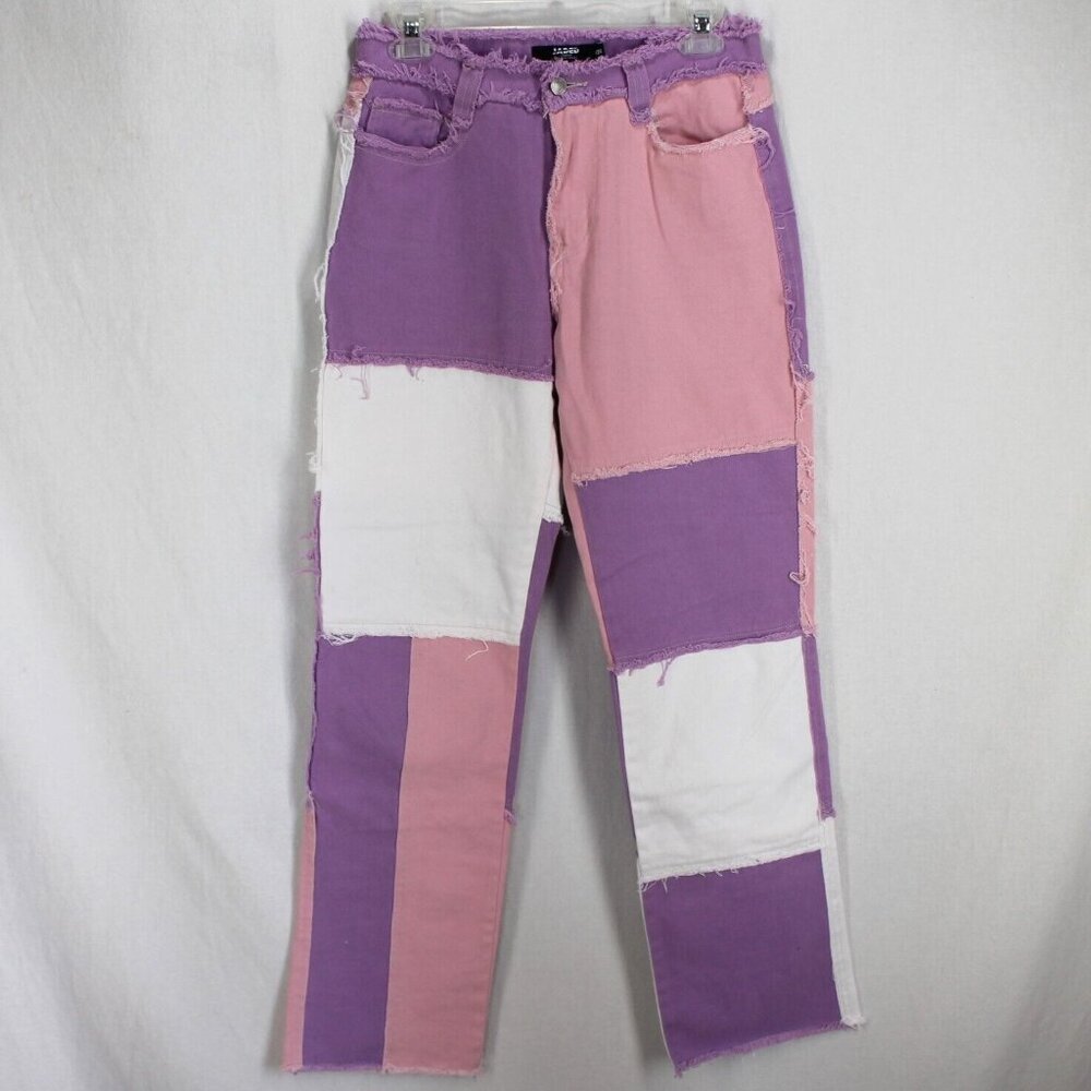 Jaded London Patchwork Jeans Womens 26 Pink Purple Pastel Boyfriend Fit Frayed